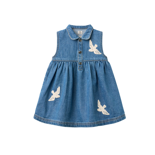 Copenhagen Colors Indigo Blue Washed Doves Crochet Denim Dress