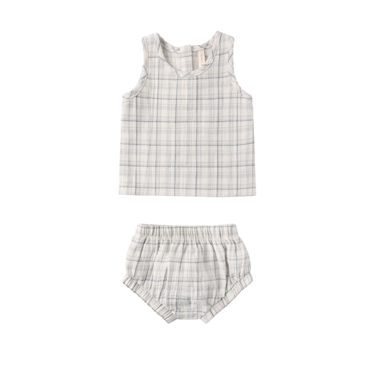 Quincy Mae Blue Woven Plaid Bloomer Set