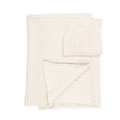 Peluche Crochet Waffle Knit Blanket + Beanie