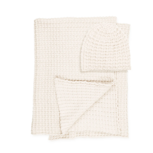 Peluche Crochet Waffle Knit Blanket + Beanie