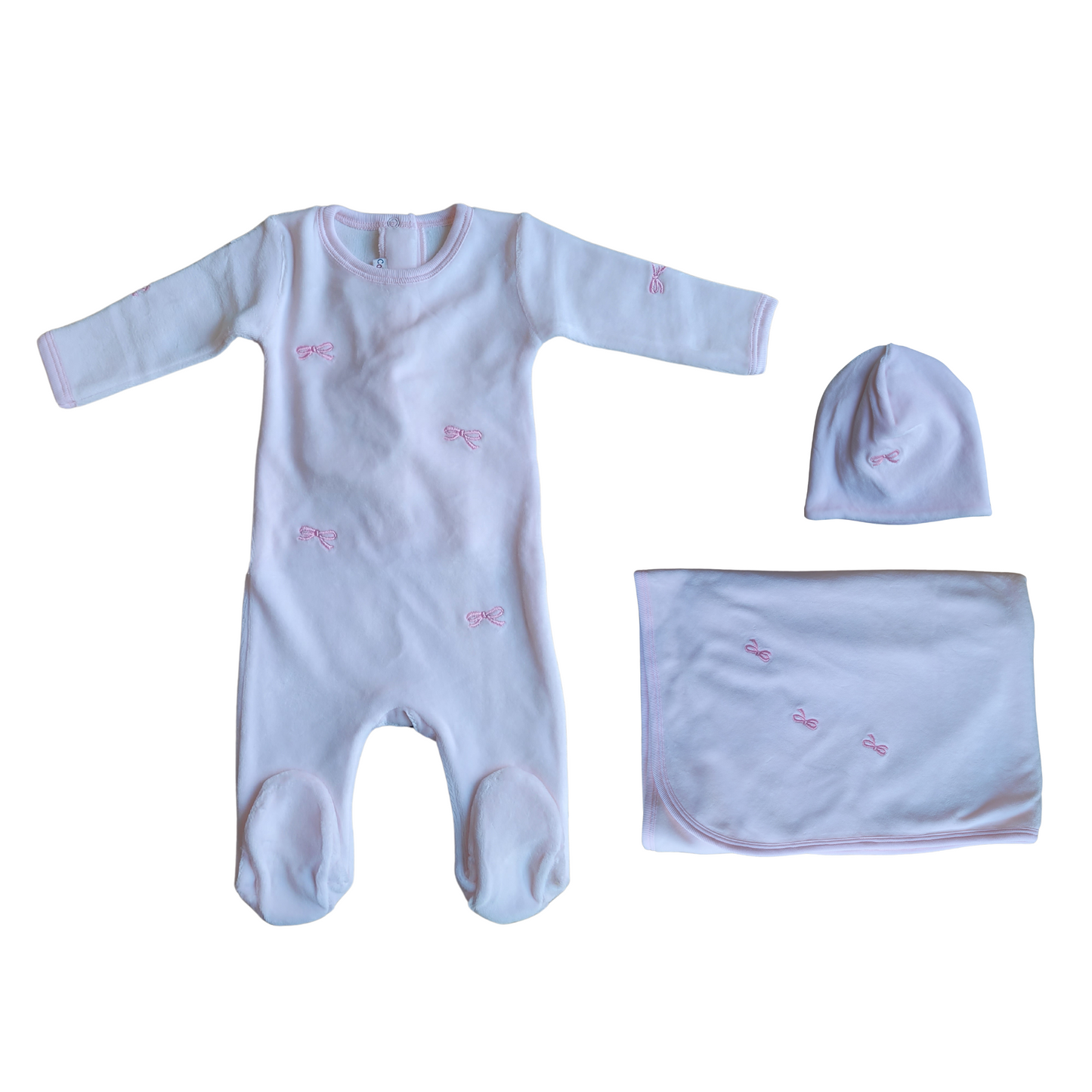 Coton Pompom Velour Mini Bows Footie Set