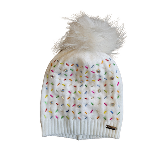 Bari Lynn Sprinkle Jeweled Hat with Fur Pom