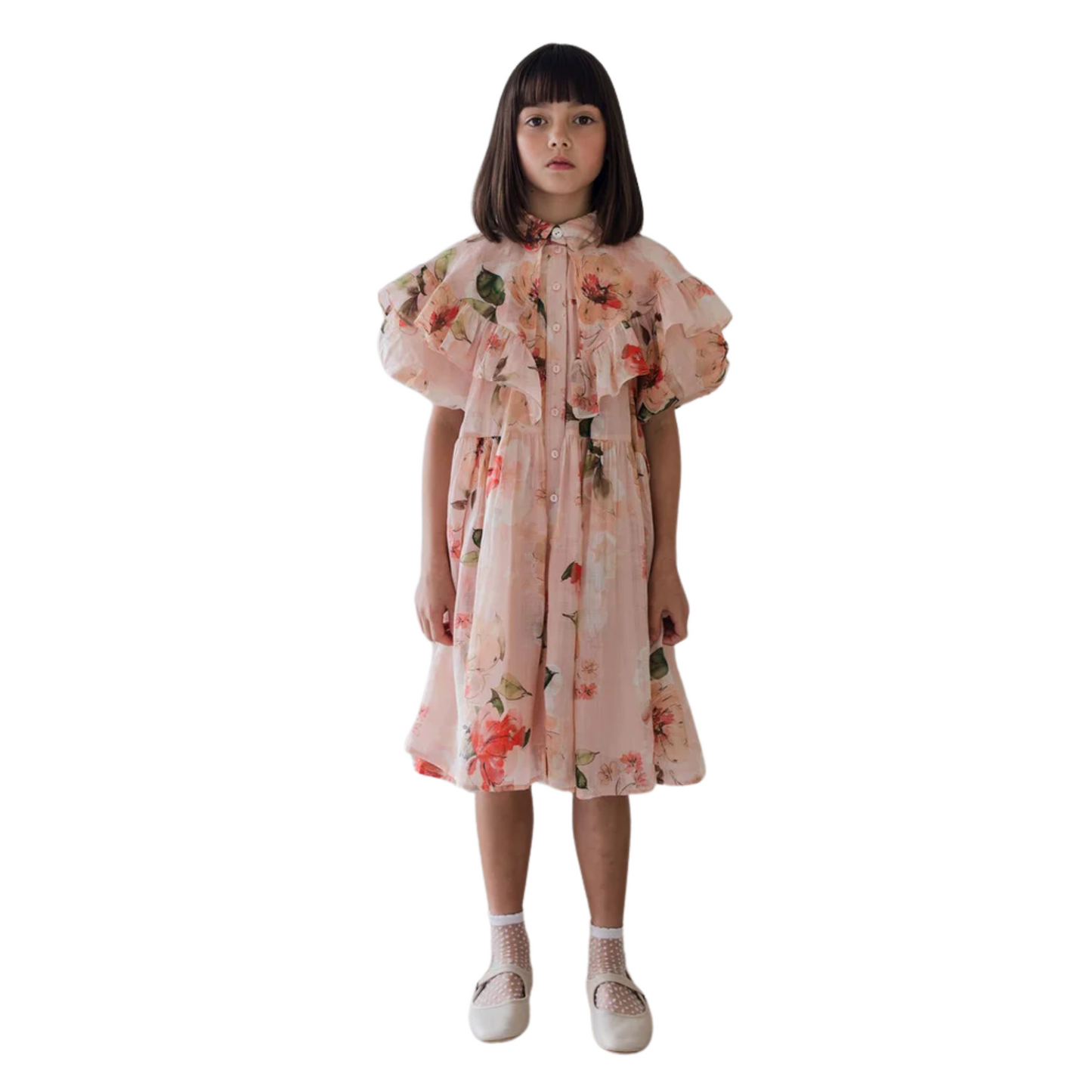 Petite Amalie Peach Peony Linen Collar Dress