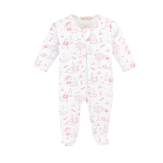 Baby Club Chic Toile Bunnies Printed Girl Zipped Footie