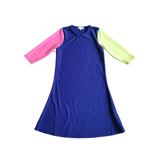 Waterwize Girls Navy Swim Dress With Colorful Sleeves