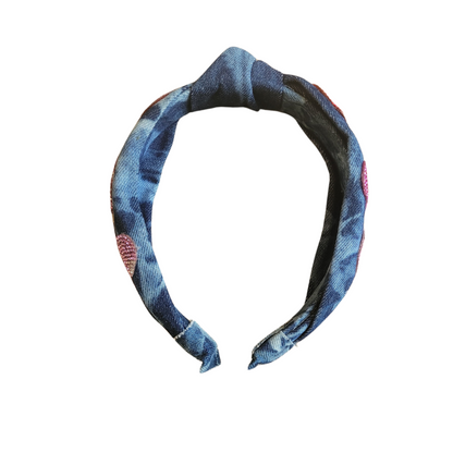 Bari Lynn Crystallized Hearts On Denim Knot Headband