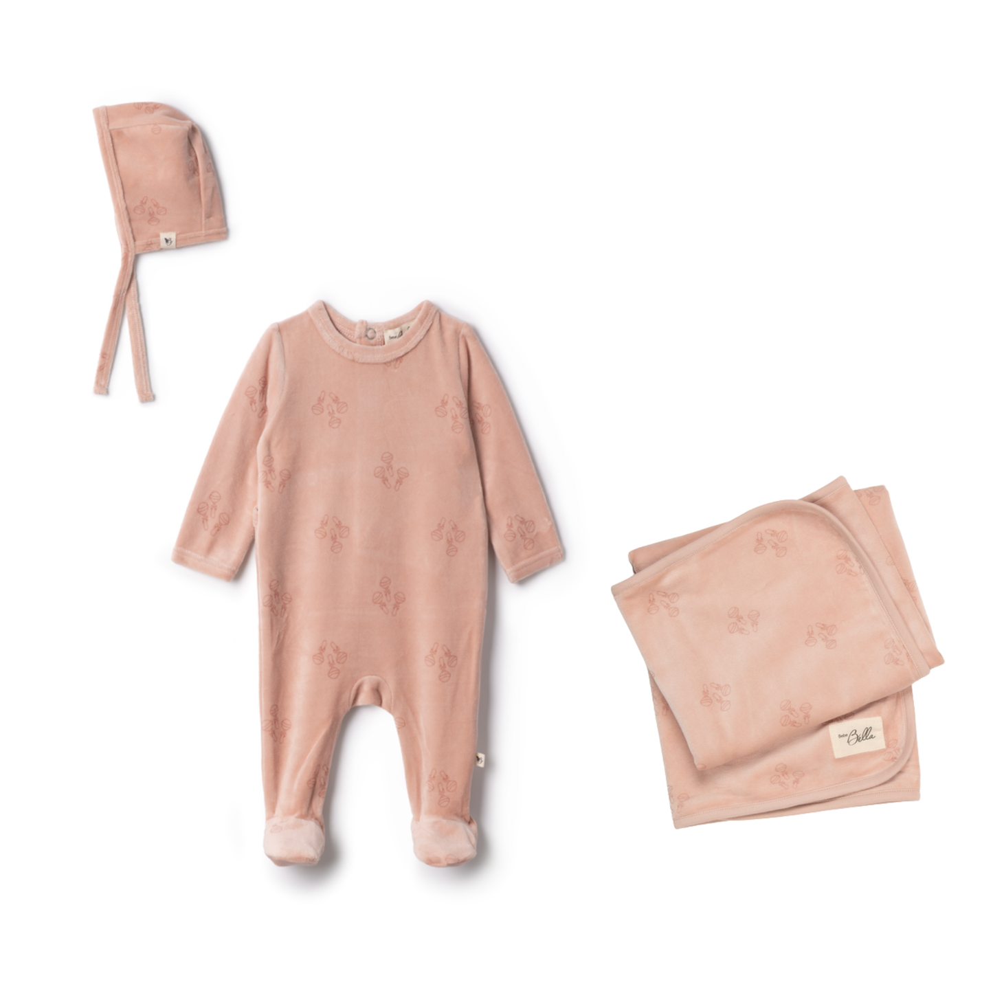 Bebe Bella Rattle Print Velour Onesie With Hat And Blanket