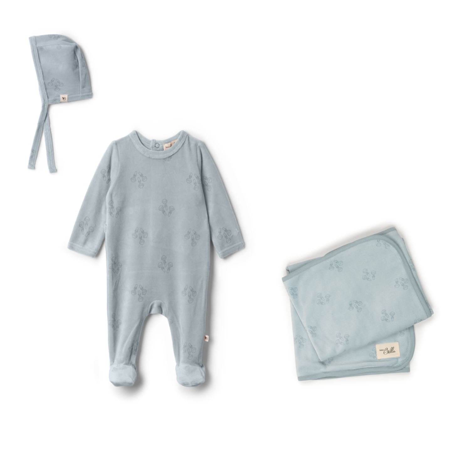 Bebe Bella Rattle Print Velour Onesie With Hat And Blanket