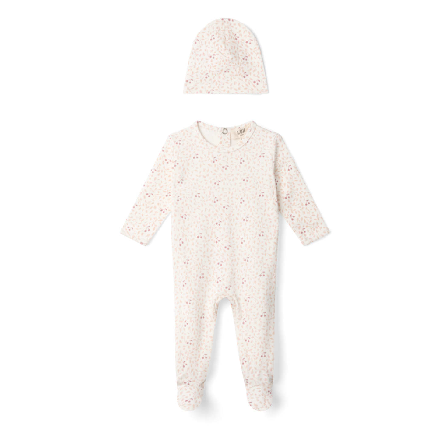Lux Baby Leaves And Cherries Print Onesie With Hat