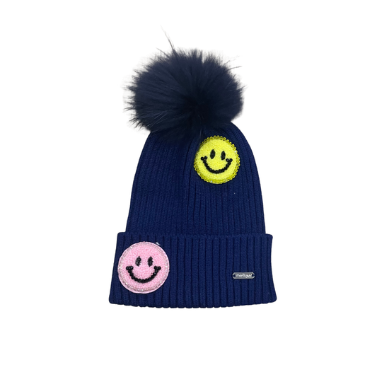 Bari Lynn Navy Smile Patch Ribbed Hat