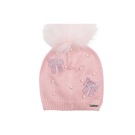 Bari Lynn Pink Crystal Bow And Pearl With Fur Hat