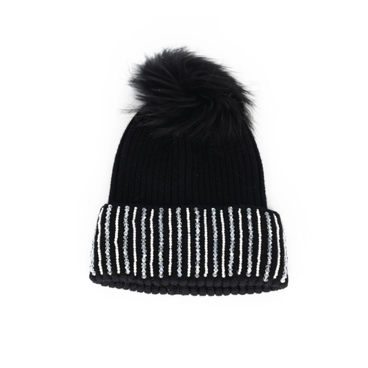 Bari Lynn Black Beaded Cuff With Pom Hat