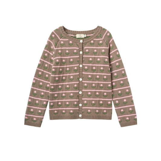 Copenhagen Colors Walnut Flower Flower Pattern Long Sleeve Cardigan