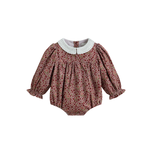 C'Era Una Volta Burgundy Frances Flower Long Sleeve Romper