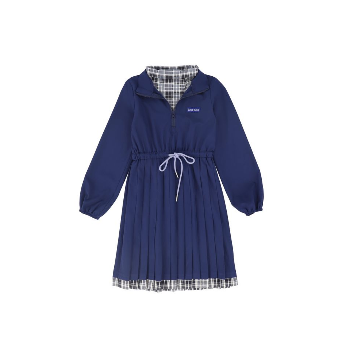 Bace Navy Checked Half Zip Pleat Dress