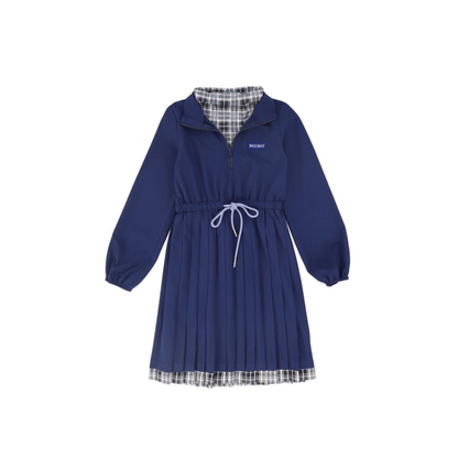 Bace Navy Checked Half Zip Pleat Dress