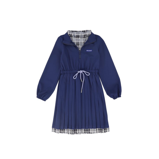 Bace Navy Checked Half Zip Pleat Dress