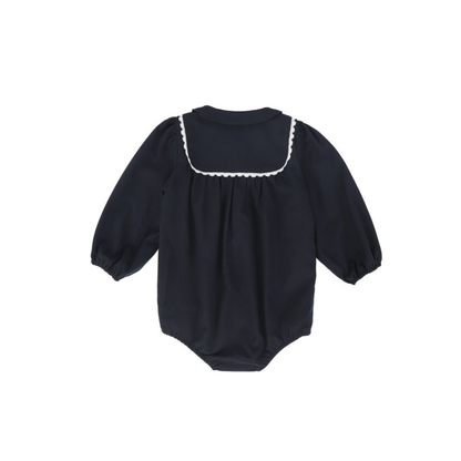 Bamboo Navy Embroidered Trim Collar Romper