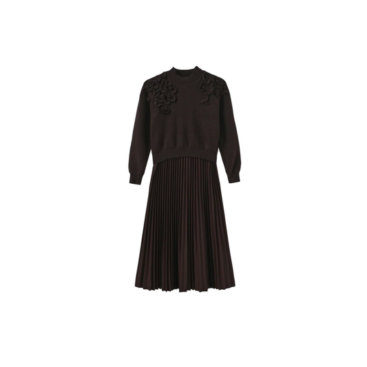 Minimal Wine Chunky Knit Leather Pleated Dress