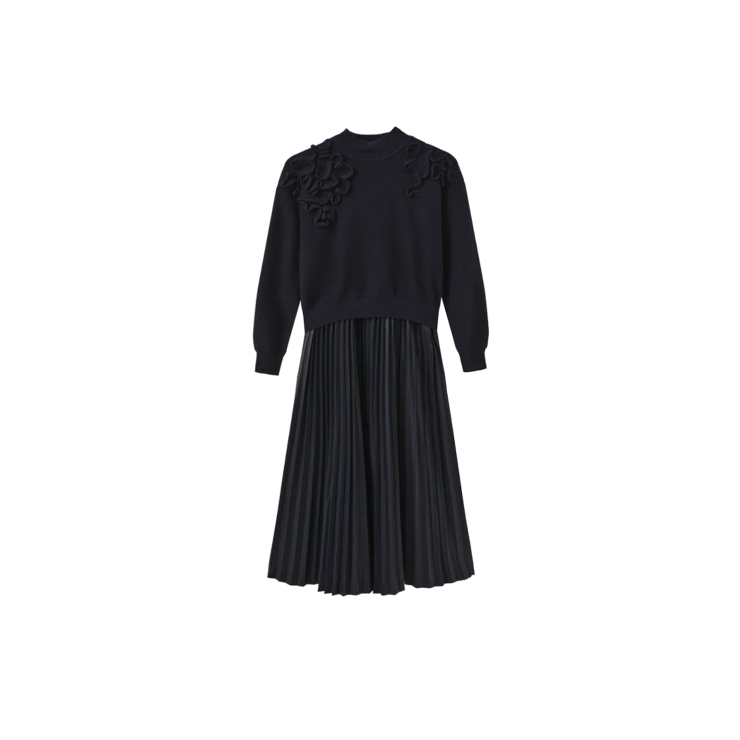 Minimal Navy Chunky Knit Leather Pleated Dress