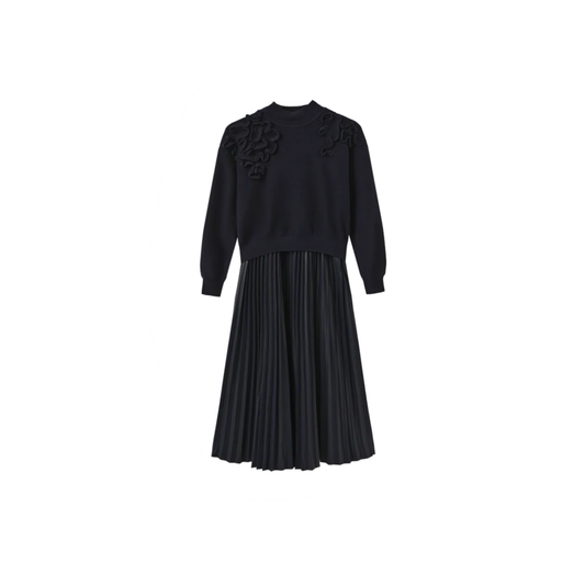 Minimal Navy Chunky Knit Leather Pleated Dress