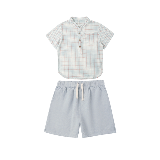 Rylee+Cru Light Blue Mason Plaid Short Sleeve Shirt Set