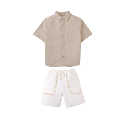 Gingersnaps Beige/White Marlow Textured Shorts Set