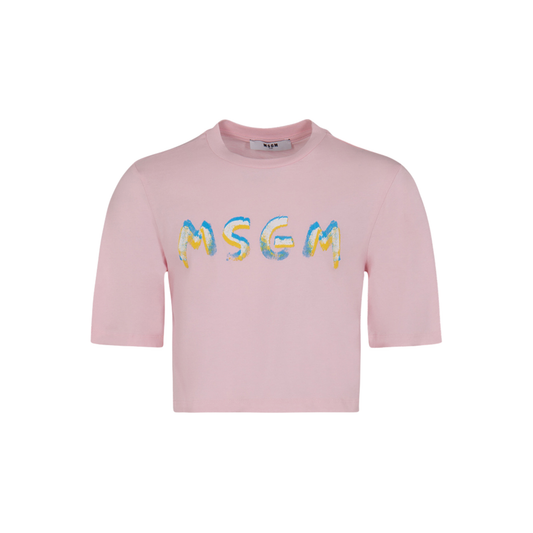 MSGM Pink Logo Boxy Cropped Tee