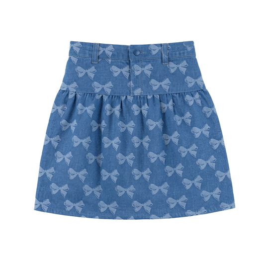 Puddles Light Denim Bow Printed Denim Skirt