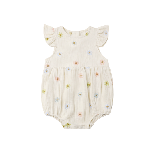 Rylee+Cru Natural Amelia Embroidered Daisies Romper