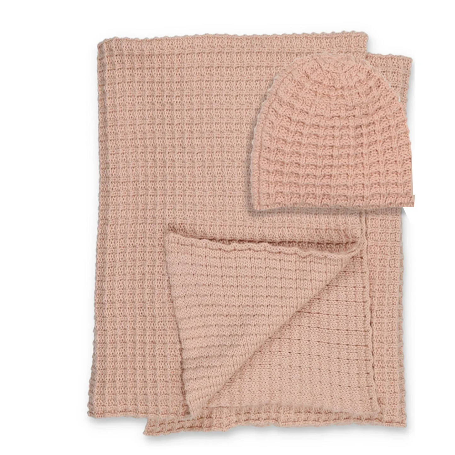 Peluche Crochet Waffle Knit Blanket + Beanie