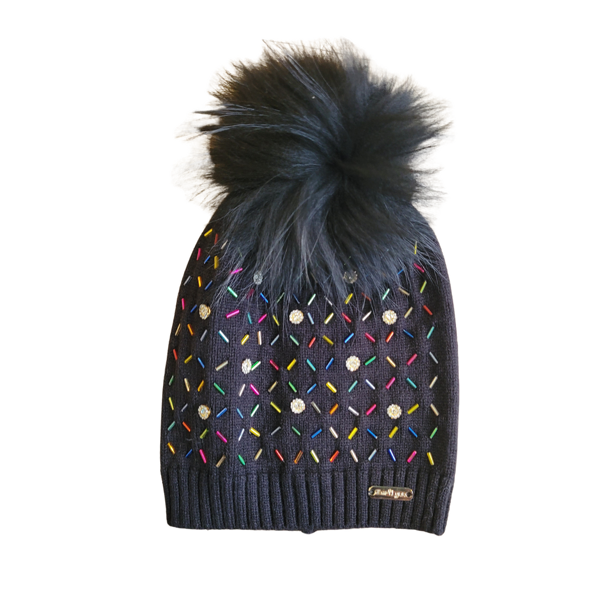 Bari Lynn Sprinkle Jeweled Hat with Fur Pom