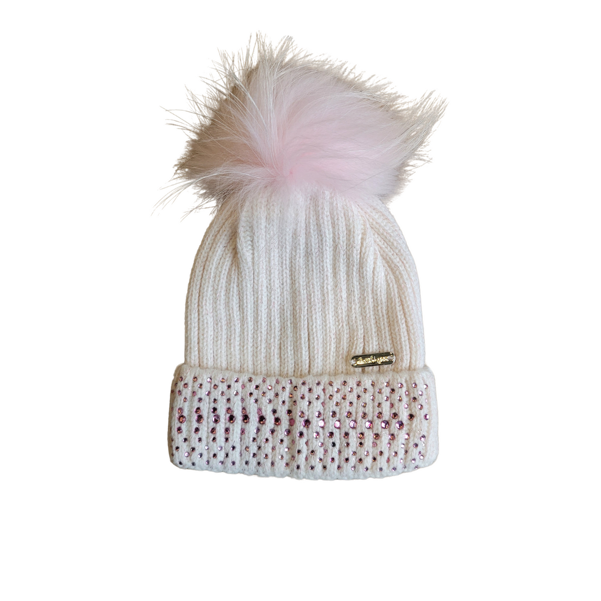 Bari Lynn Small Crystal Cuff Hat With Fur Pom
