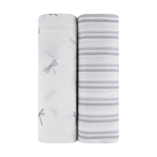 Ely`s & Co Two Pack Muslin Swaddles- Dragonfly Stripes
