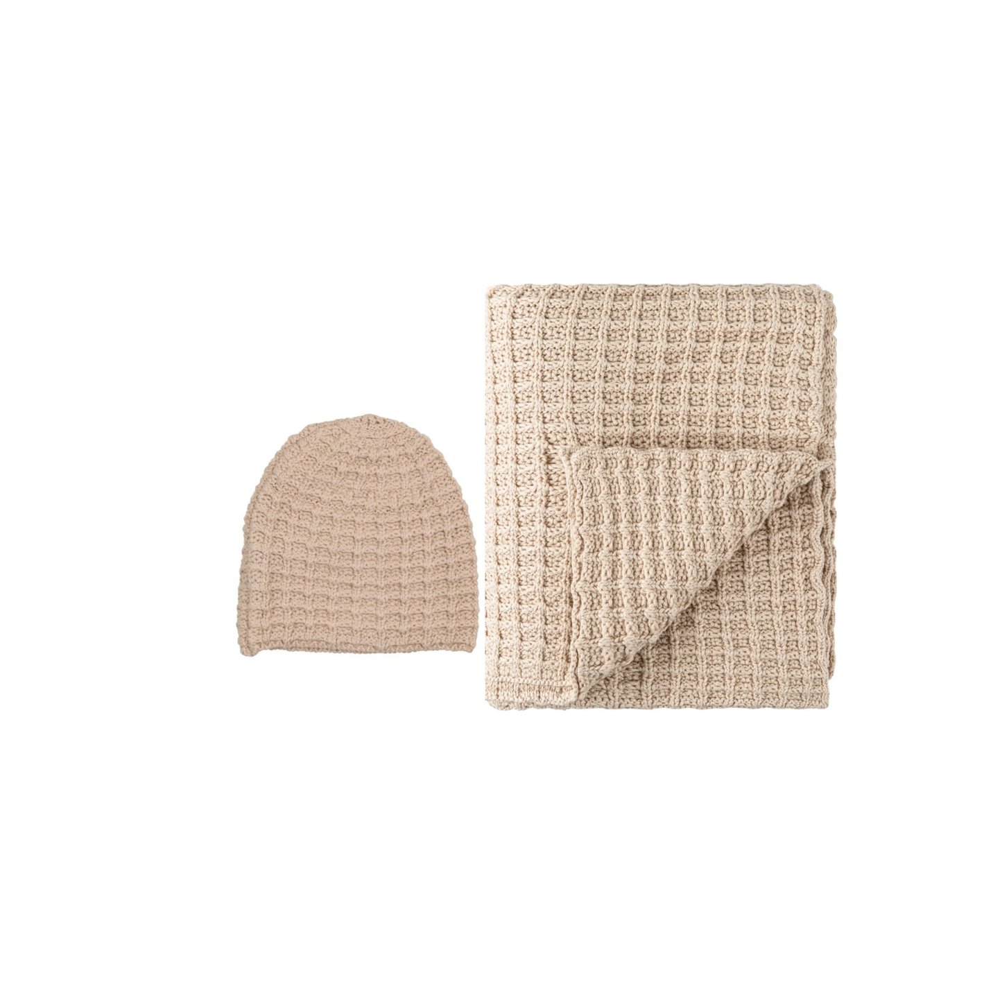 Peluche Crochet Waffle Knit Blanket + Beanie