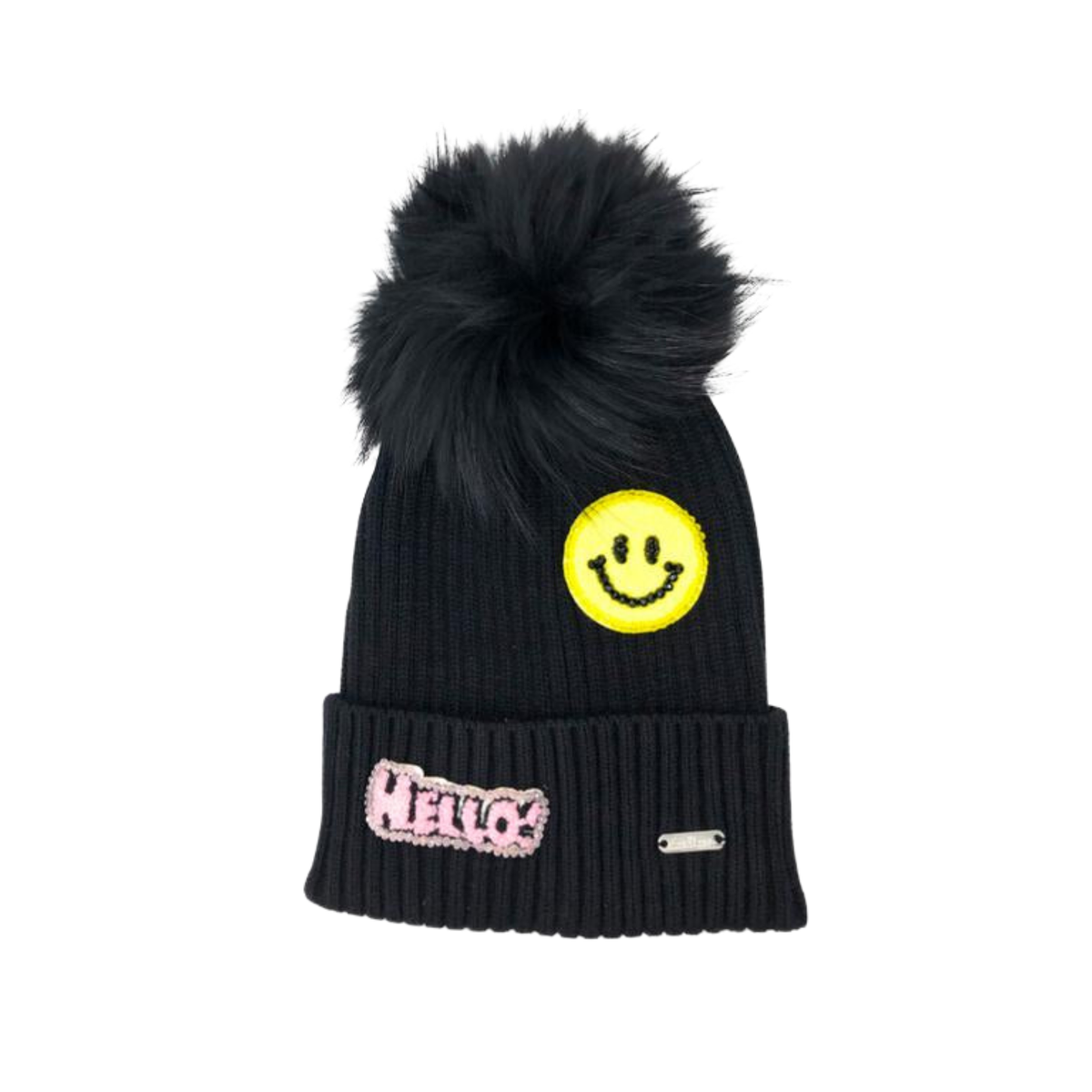 Bari Lynn Black Hello Patch Ribbed Hat