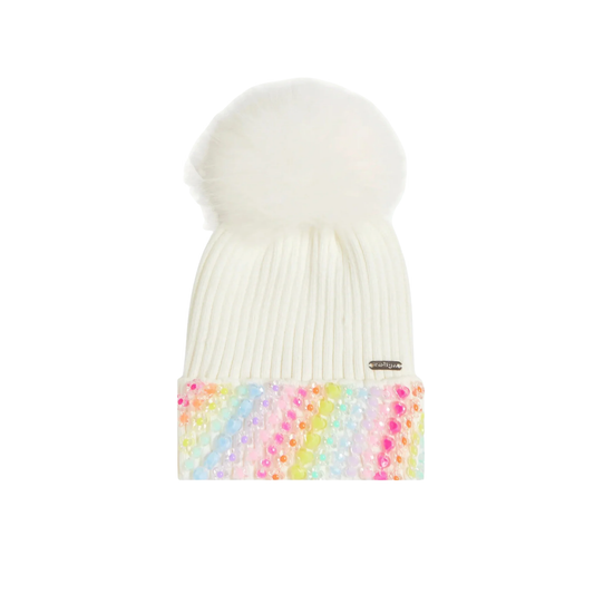 Bari Lynn White Charm Cuff With Fur Pom Hat