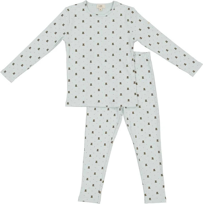 LUX Regular Chalk Blue Cotton Spandex Rib Bear Bow Print 2 Pc