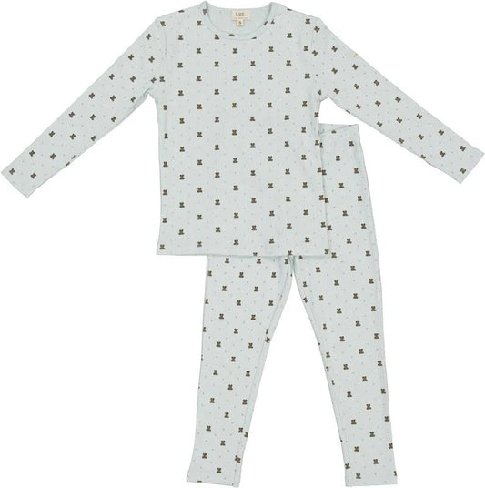 LUX Regular Chalk Blue Cotton Spandex Rib Bear Bow Print 2 Pc