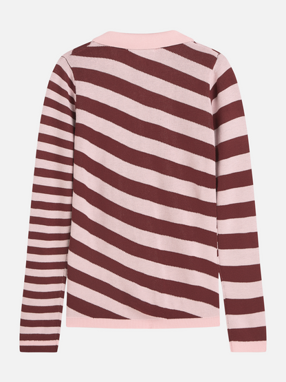 Scotch & Soda Orchid Pink/Maroon Yarn-Dyed Stripe Long Sleeve Knitted Polo Sweatshirt